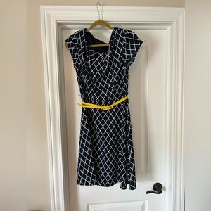 Blue dress with yellow belt